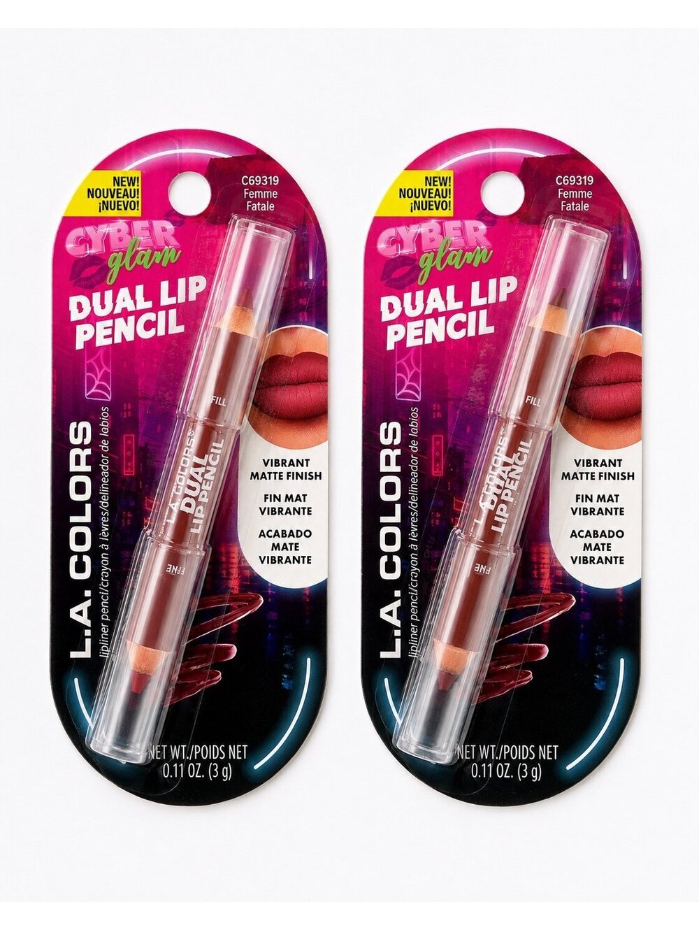 Highly Sought L.A. Colors Cyber Glam Dual Lip Pencil Lot of 2 Femme Fatale NEW